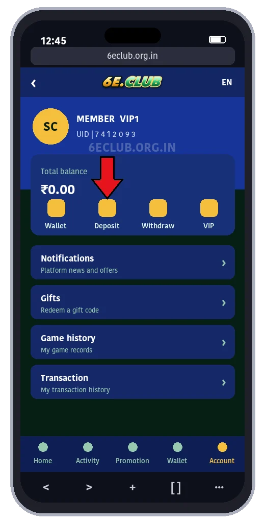 6E Club deposit option