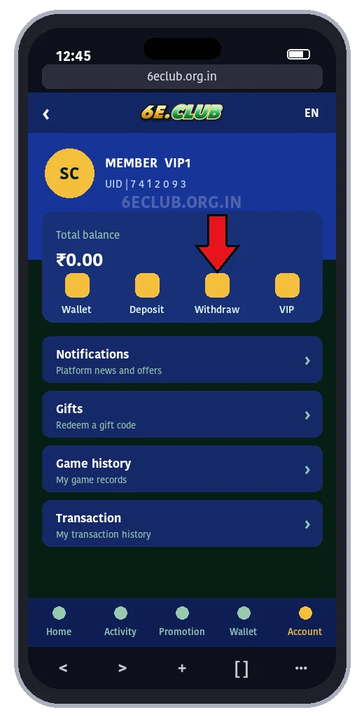 6E Club withdraw option